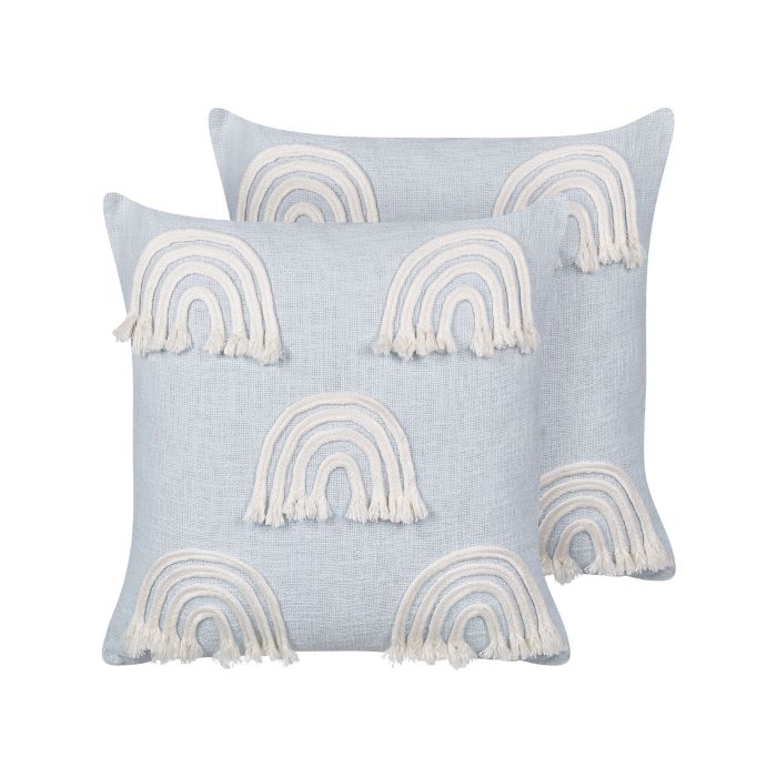 Set of 2 Cotton Cushions Embroidered Rainbows 45x45cm Light Blue