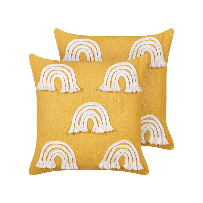 Set of 2 Cotton Cushions Embroidered Rainbows 45x45cm Yellow