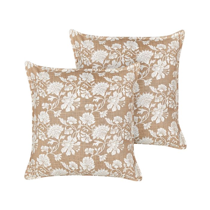 Set of 2 Cotton Cushions Floral Motif 45x45cm Beige and White