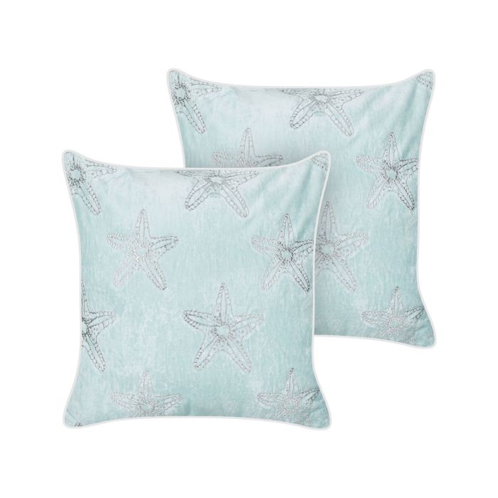 Set of 2 Velvet Cushions Starfish Motif 45x45cm Blue