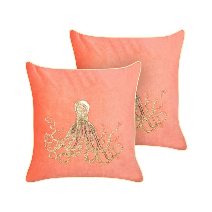 Set of 2 Velvet Cushions Octopus Motif 45x45cm Red