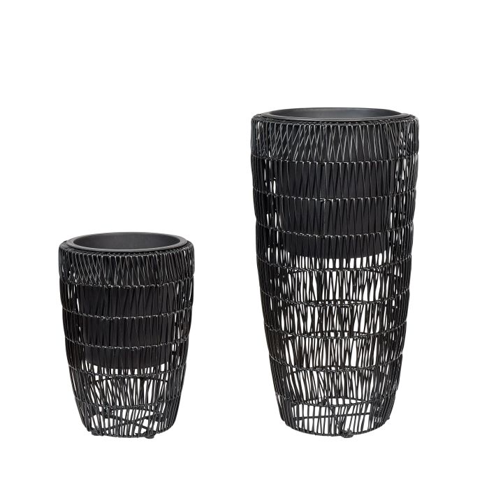 Set of 2 PE Rattan Plant Pots Black CHELONE