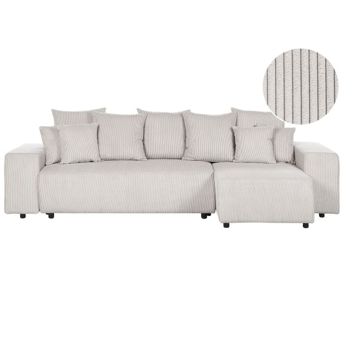 Left Hand Jumbo Cord Corner Sofa Bed with Storage Light Beige LUSPA