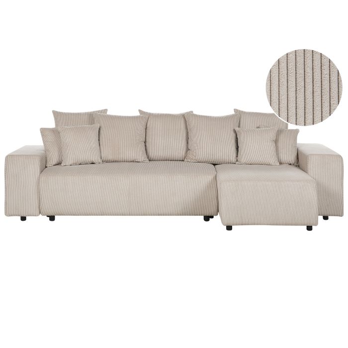 Left Hand Jumbo Cord Corner Sofa Bed with Storage Taupe LUSPA