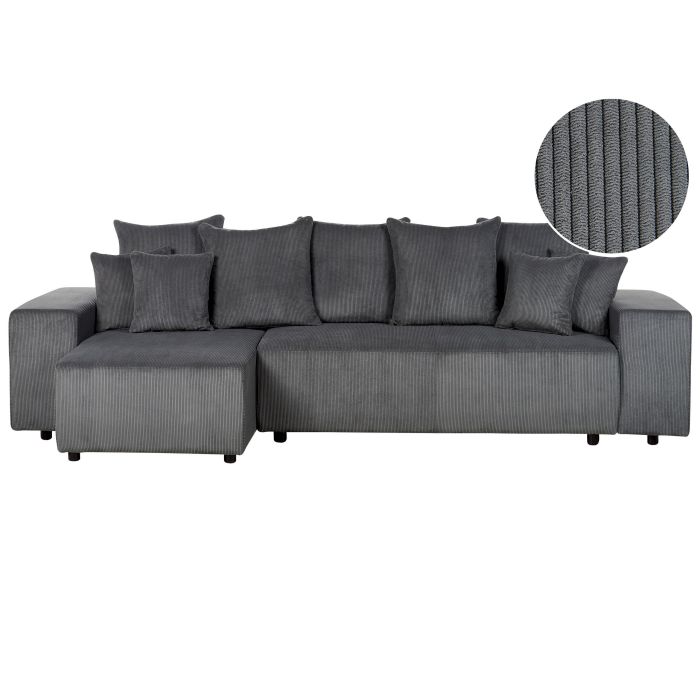 Right Hand Jumbo Cord Corner Sofa Bed with Storage Dark Grey LUSPA