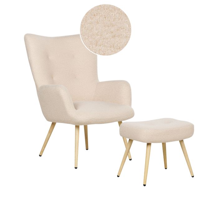 Boucle Wingback Chair with Footstool Beige VEJLE II