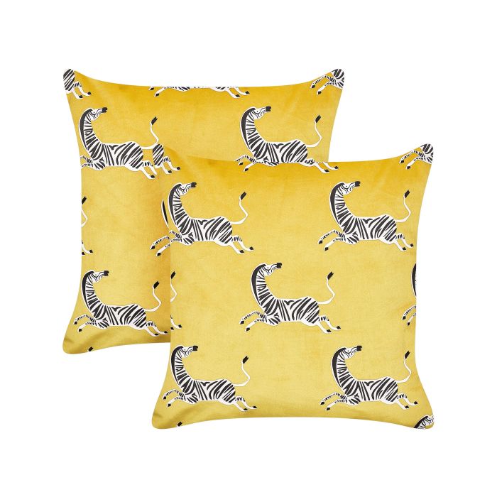Set of 2 Velvet Cushions Zebra Pattern 45x45cm Yellow