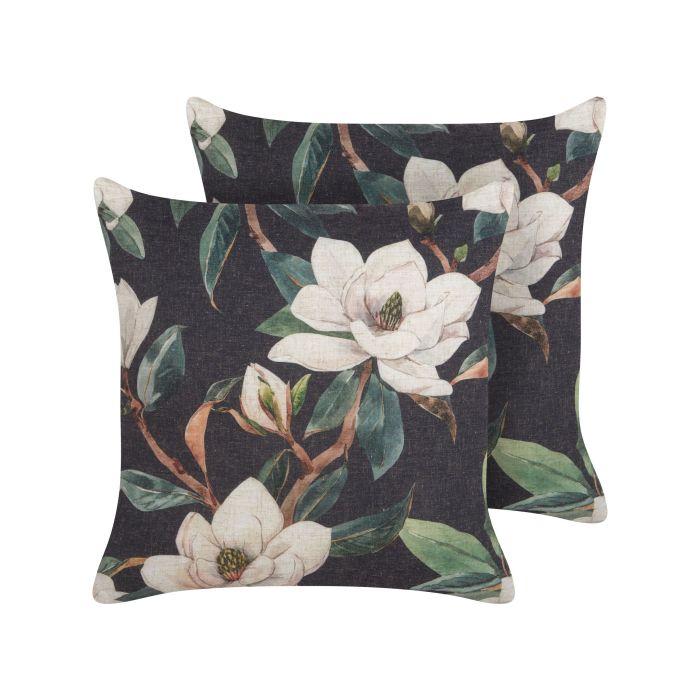 Set of 2 Cushions Floral Pattern 45x45cm Black