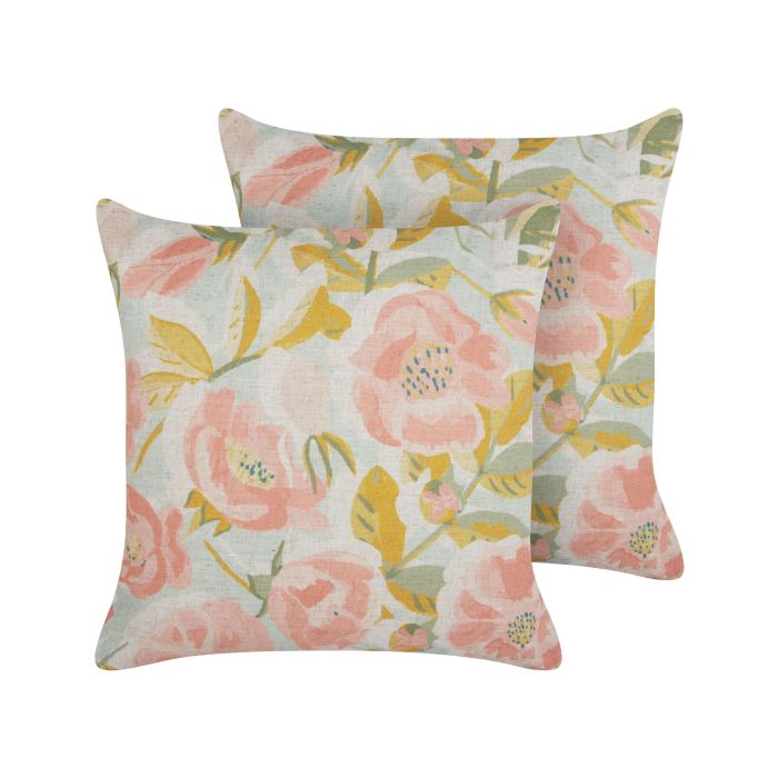 Set of 2 Cushions Floral Pattern 45x45cm Pink and Blue