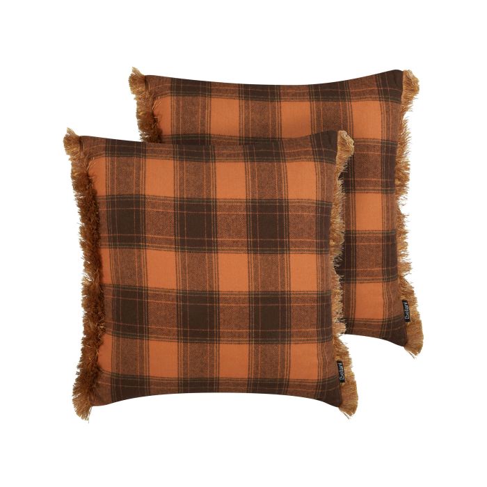 Set of 2 Fringed Cushions Chequered Pattern 45x45cm Orange