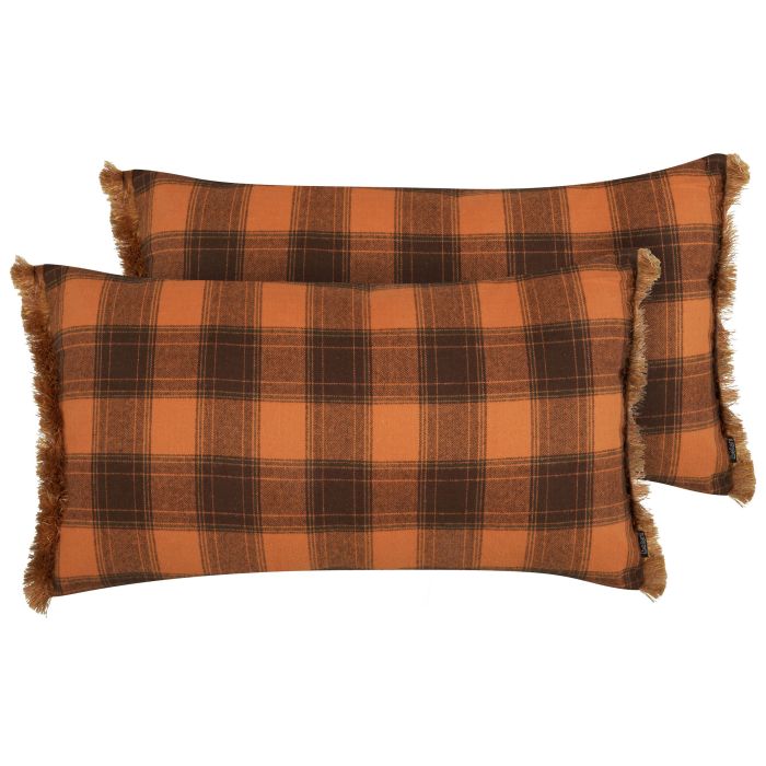 Set of 2 Fringed Cushions Chequered Pattern 40x70cm Orange