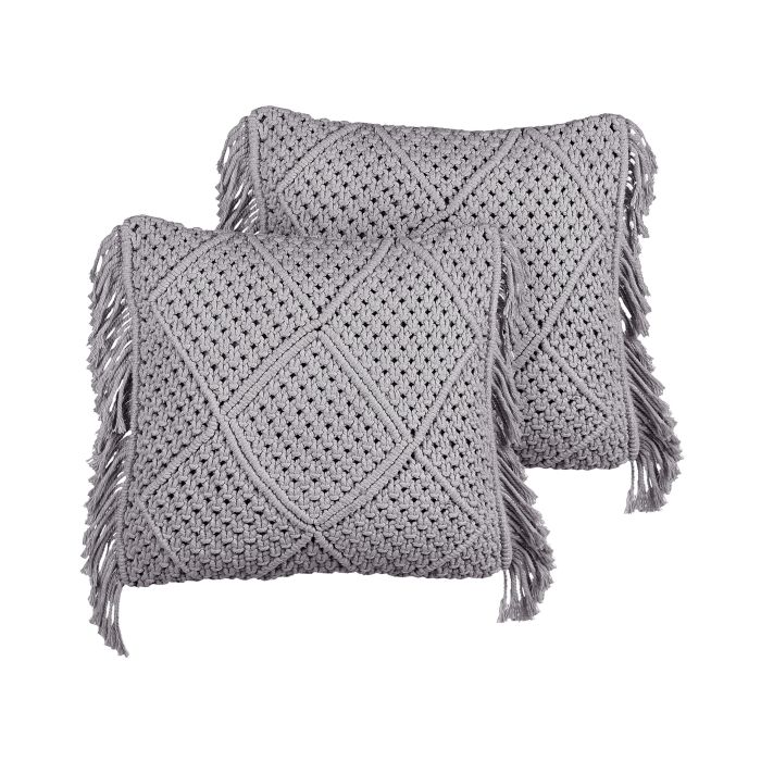 Set of 2 Cotton Macrame Cushions with Tassels 45x45cm Grey
