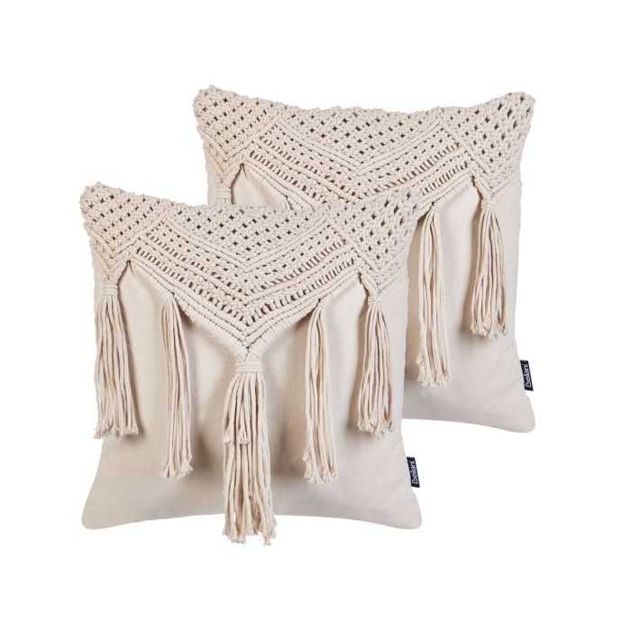 Set of 2 Cotton Macrame Cushions with Tassels 45x45cm Beige