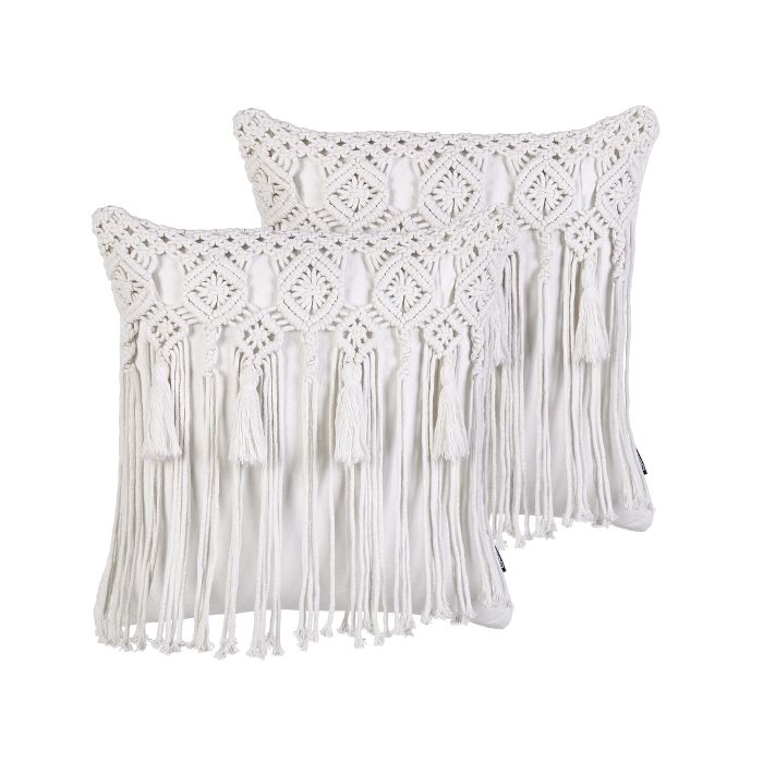 Set of 2 Cotton Macrame Cushions with Tassels 45x45cm White