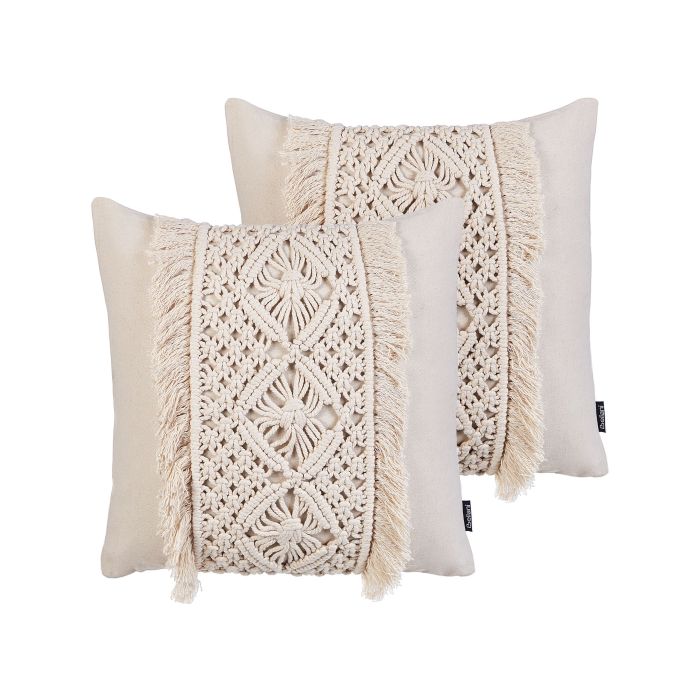 Set of 2 Cotton Macrame Cushions with Tassels 45x45cm Beige