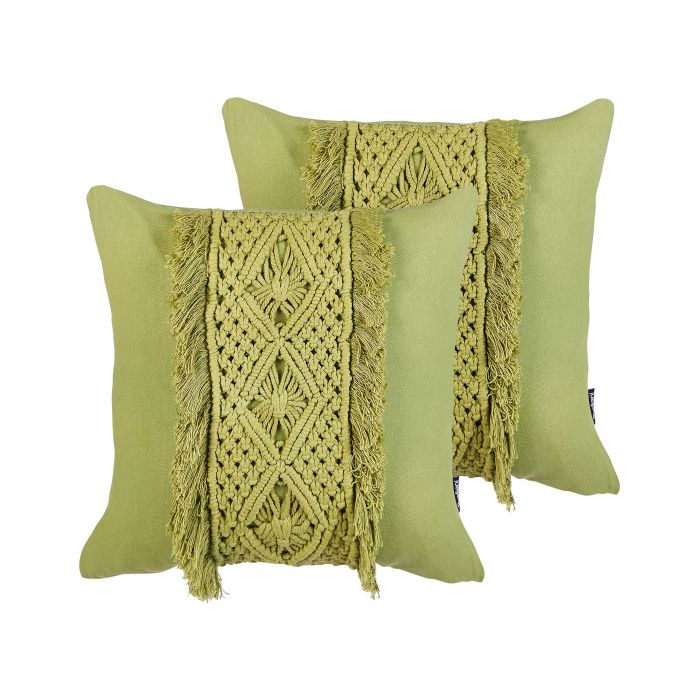 Set of 2 Cotton Macrame Cushions with Tassels 45x45cm Green