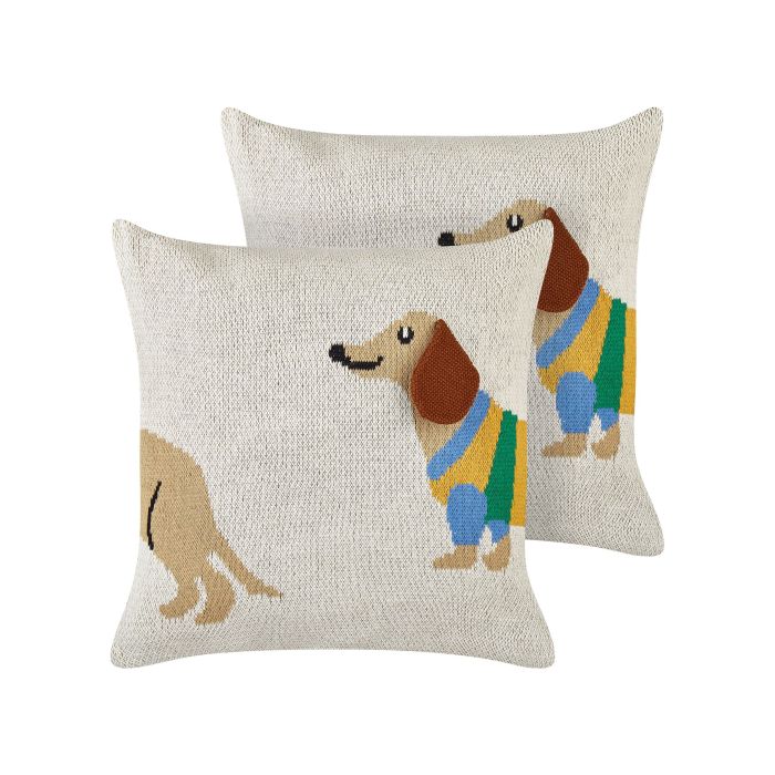 Set of 2 Cotton Kids Cushions Dachshund Motif 45x45cm Beige
