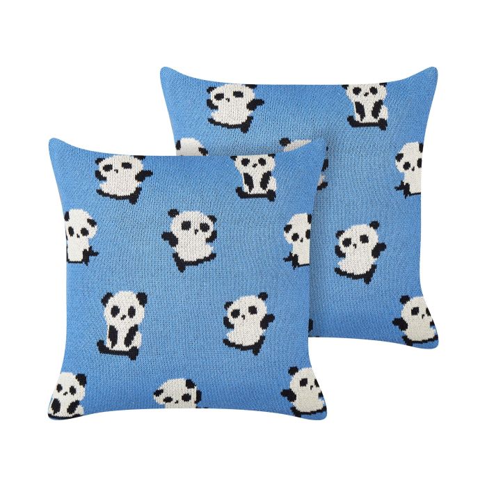 Set of 2 Cotton Kids Cushions Pandas Motif 45x45cm Blue