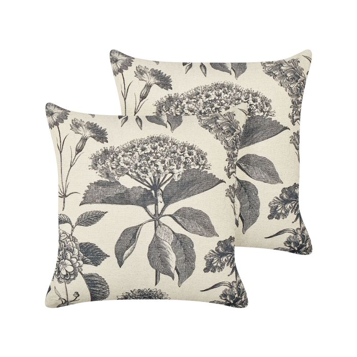 Set of 2 Cotton Cushions Floral Motif 45x45cm Beige and Grey