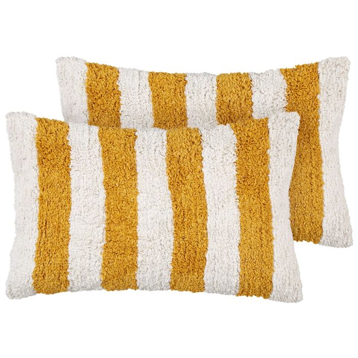 Set of 2 Tufted Cotton Cushions Striped 30x50cm White and Yellow