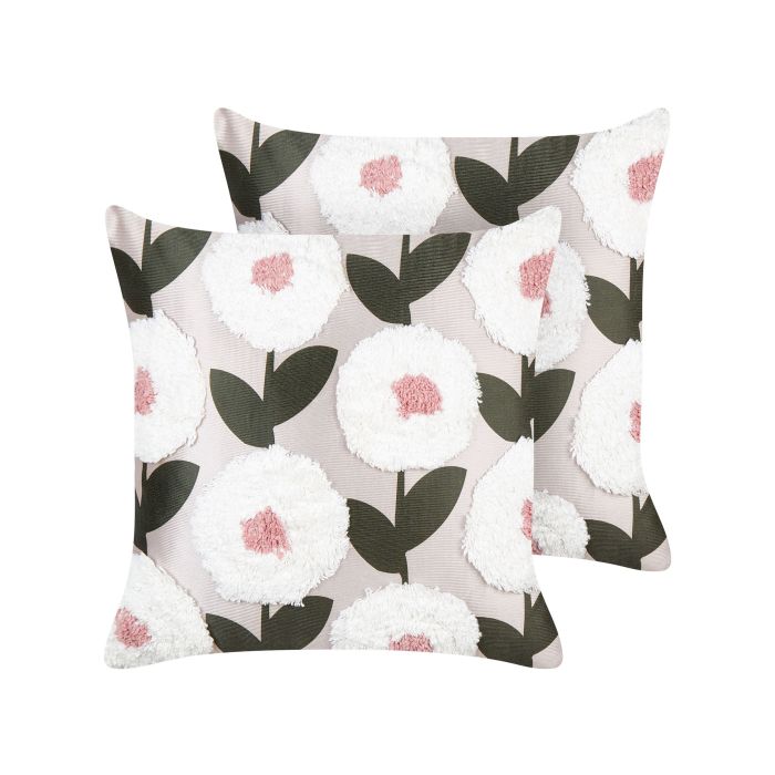 Set of 2 Tufted Cotton Cushions Floral Pattern 45x45cm Pink