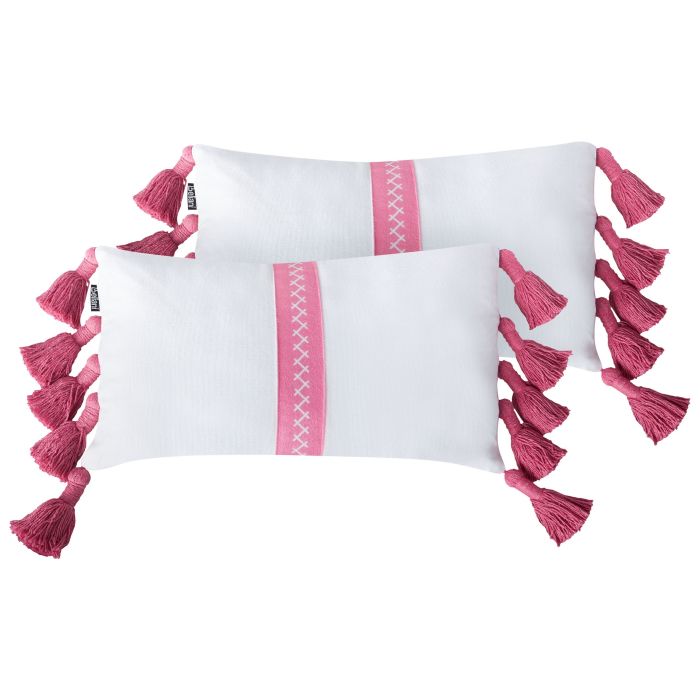 Set of 2 Cotton Cushions with Tassels 30x50cm White and Pink