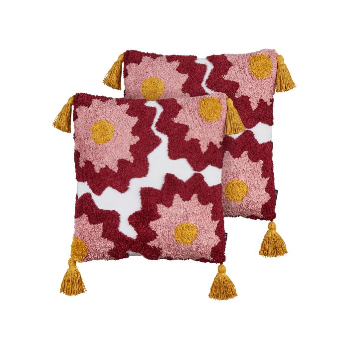 Set of 2 Tufted Cotton Cushions with Tassels 45x45cm Multicolour