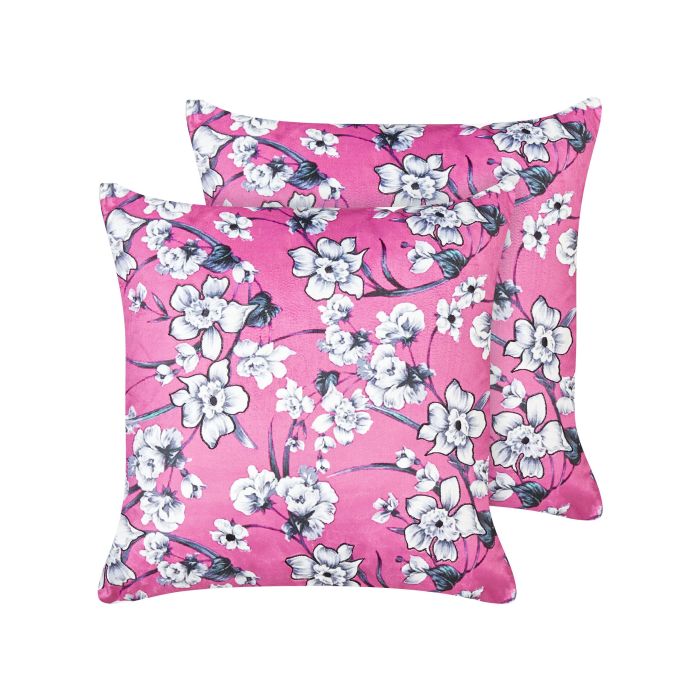 Set of 2 Velvet Cushions Floral Motif 45x45cm Pink