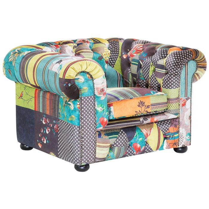 Fabric Armchair Patchwork Green and Yellow CHESTERFIELD