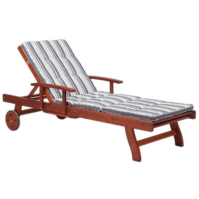 Wooden Garden Sun Lounger with Striped Blue Cushion TOSCANA
