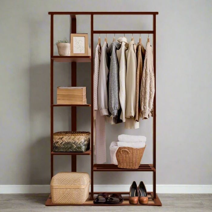 WESTORA Clothes Rack Solid Open Wardrobe Stand with Shelves and Hanging Rail - Natural