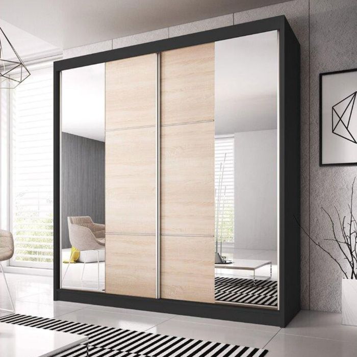 Malta-36 Sliding Mirror Door Wardrobe 233cm - Black Matt