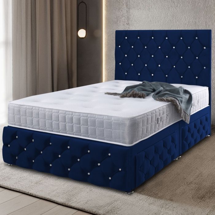 Kenisa Divan Plush Velvet Bed - Blue in 5 Sizes