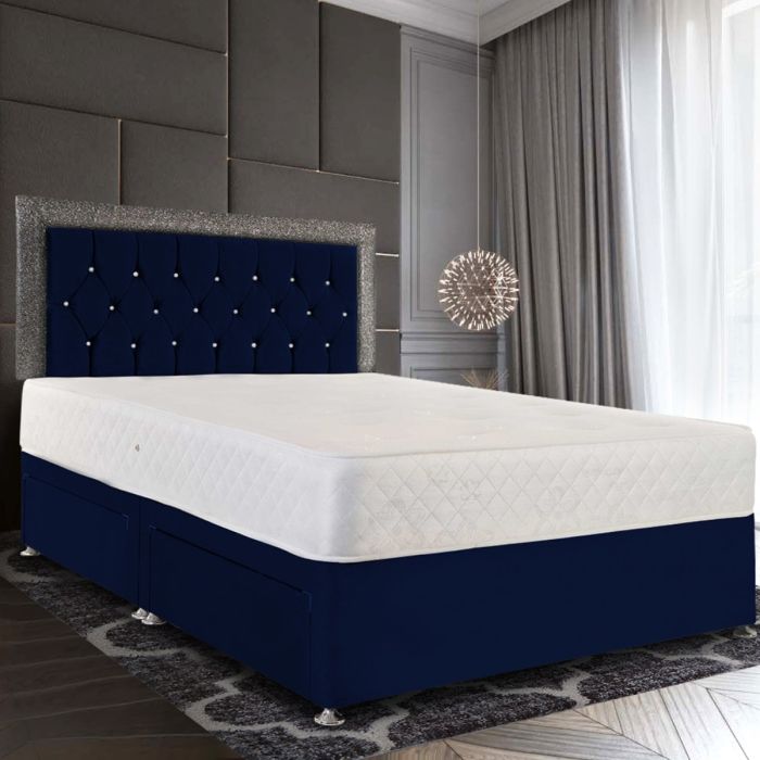 Sicillia Glitter Divan Plush Velvet Bed - Blue in 5 Sizes