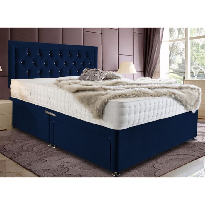 Leeso Divan Plush Velvet Bed - Blue in 5 Sizes