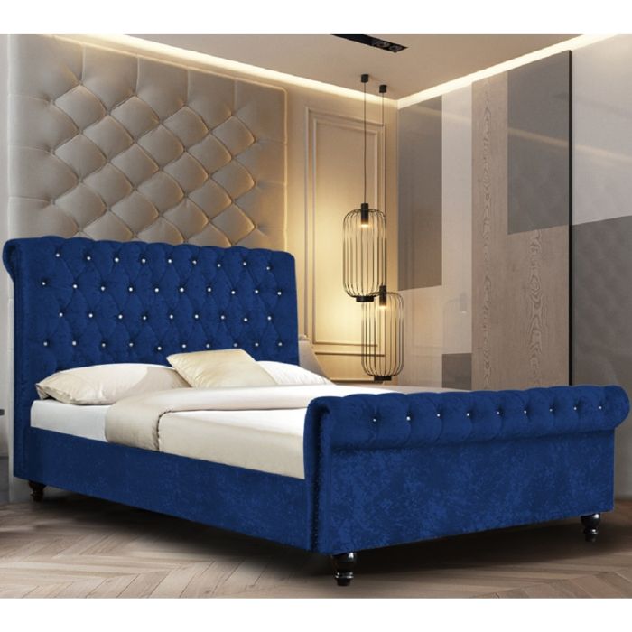 Arisa Crush Velvet Bed - Blue in 5 Sizes