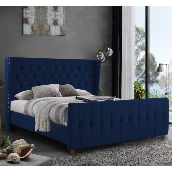 Clarita Plush Velvet Bed - Blue in 5 Sizes