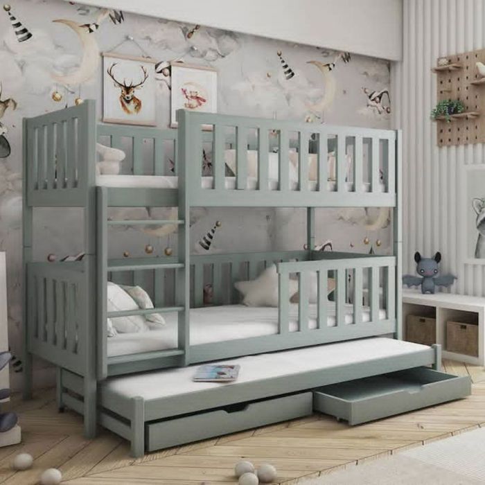 Quinx Bunk Bed with Trundle and Storage in Grey - Foam Mattress