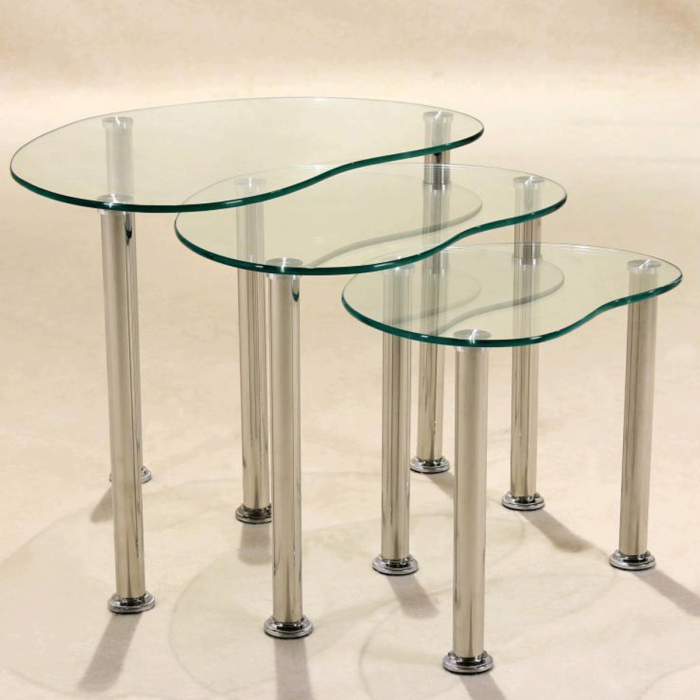 Crossett Nest of Tables Set Glass Top and Stainless Steel Frame Contemporary Elegance in Clear
