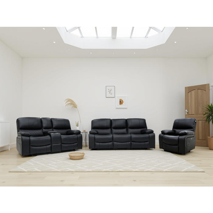 VALERIO Leather 3 and 2 Seater with Armchair Electric Recliner Sofa Set - Black