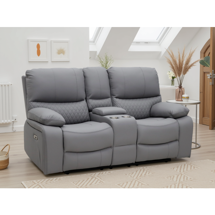 VALERIO Leather 2 Seater Electric Recliner Sofa - Grey