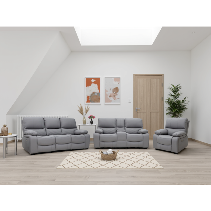 VALERIO Leather 3 and 2 Seater with Armchair Electric Recliner Sofa Set - Grey