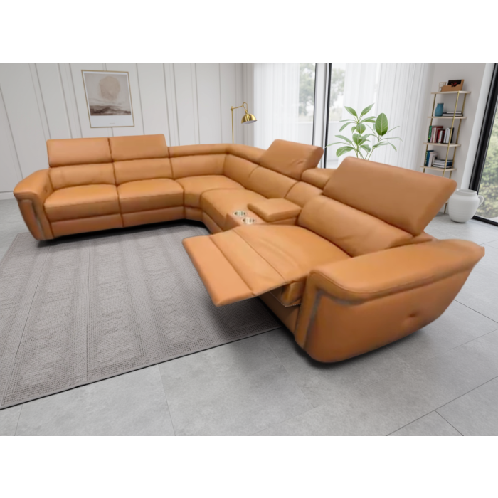 BREVELLO Leather 5 Seater L Shaped Electric Recliner Corner Sofa - Tan