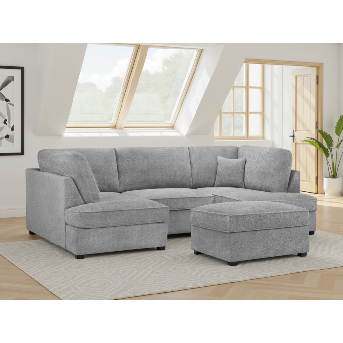 BEXON Boucle Fabric 5 Seater U Shaped Corner Sofa - Grey