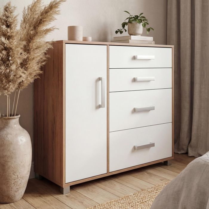 RUSI Sideboard with 1 Door and 4 Drawers - Oak with White