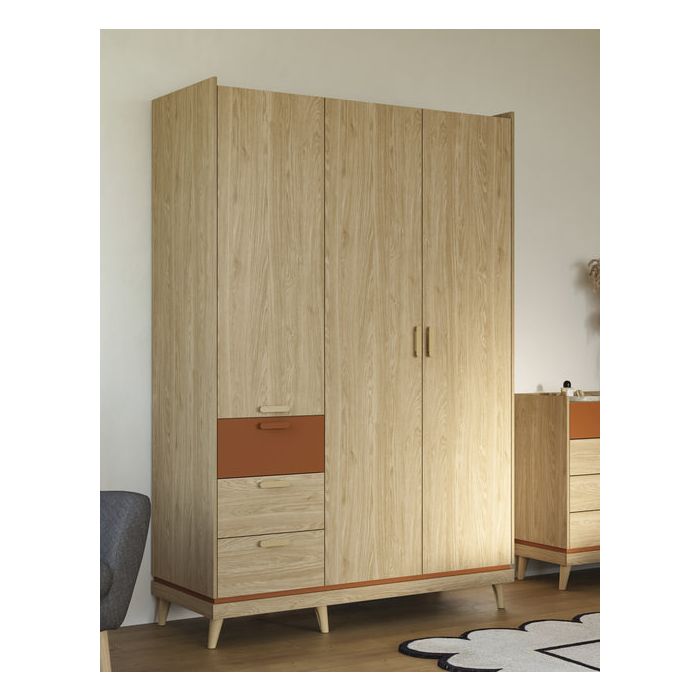 RAVEN 3 Door Wardrobe with 3 Drawers Oak - 144cm