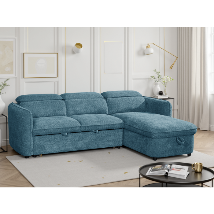 ELVAREN Fabric 3 Seater L Shaped Corner Sofabed - Blue, Universal Facing