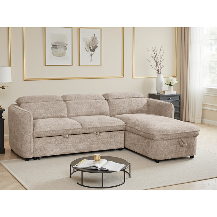 ELVAREN Fabric 3 Seater L Shaped Corner Sofabed - Beige, Universal Facing