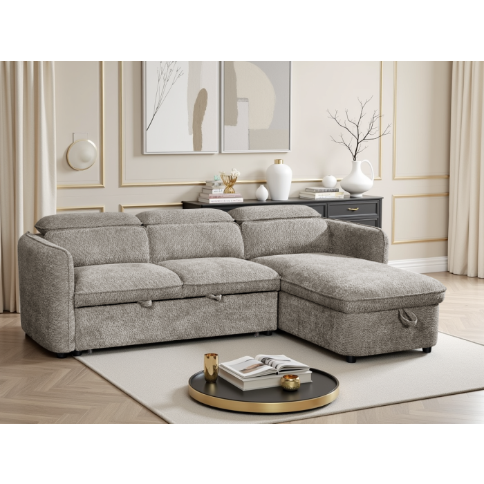 ELVAREN Fabric 3 Seater L Shaped Corner Sofabed - Grey, Universal Facing