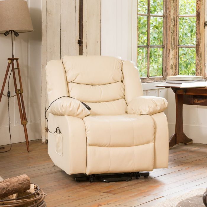 Armchair - REGALUXE Riser Leather Recliner Electric Lift Assist Heated Massage Chair - Cream